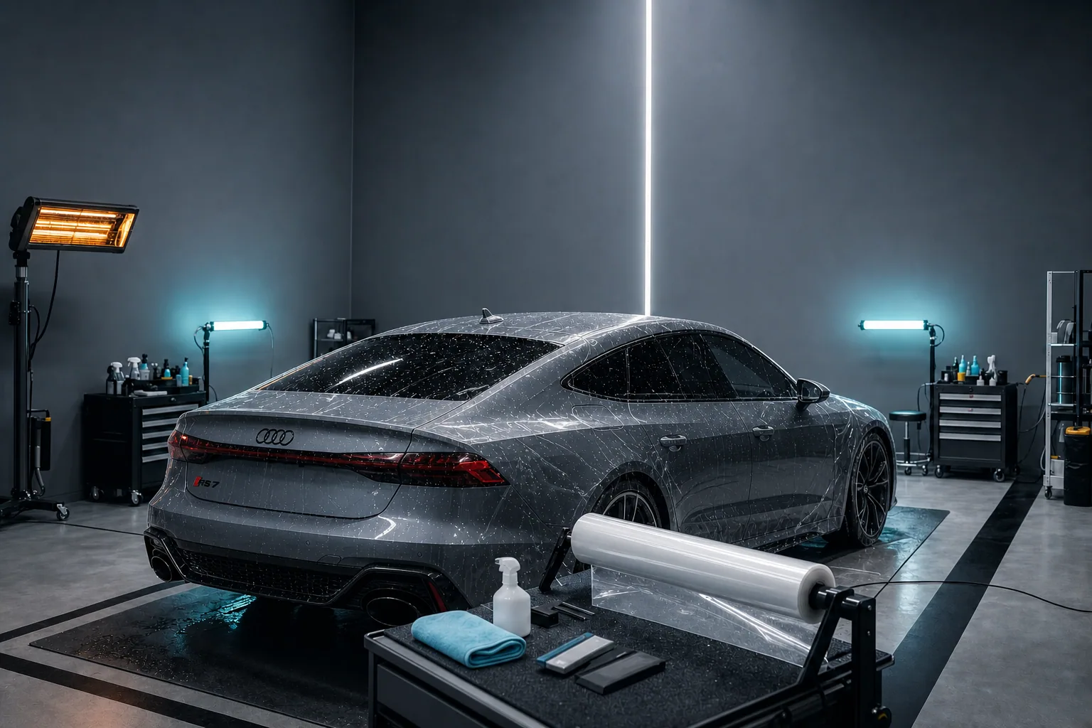 Audi RS7 in a wide studio bay during paint protection film installation