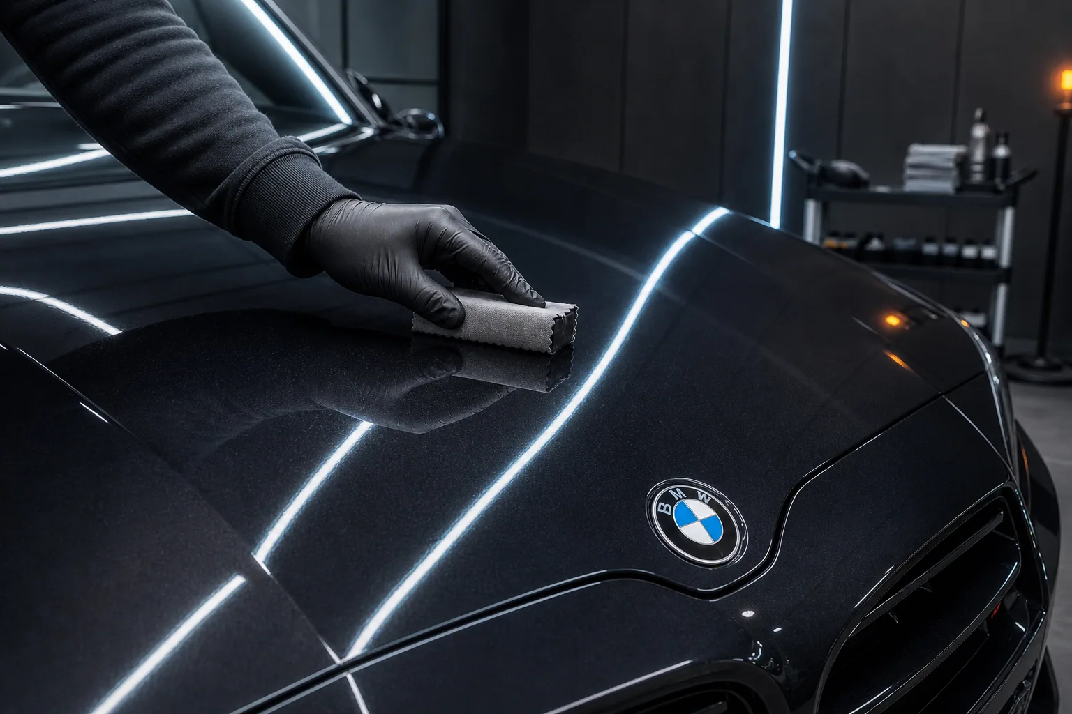 Ceramic coating being applied beside a BMW hood roundel