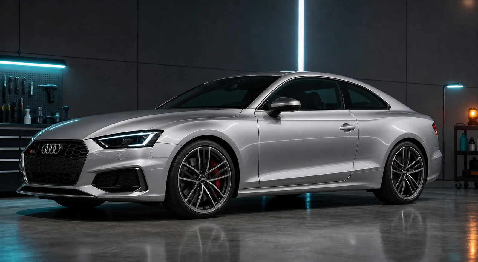 Finished silver Audi S5 Coupe positioned in an automotive protection bay
