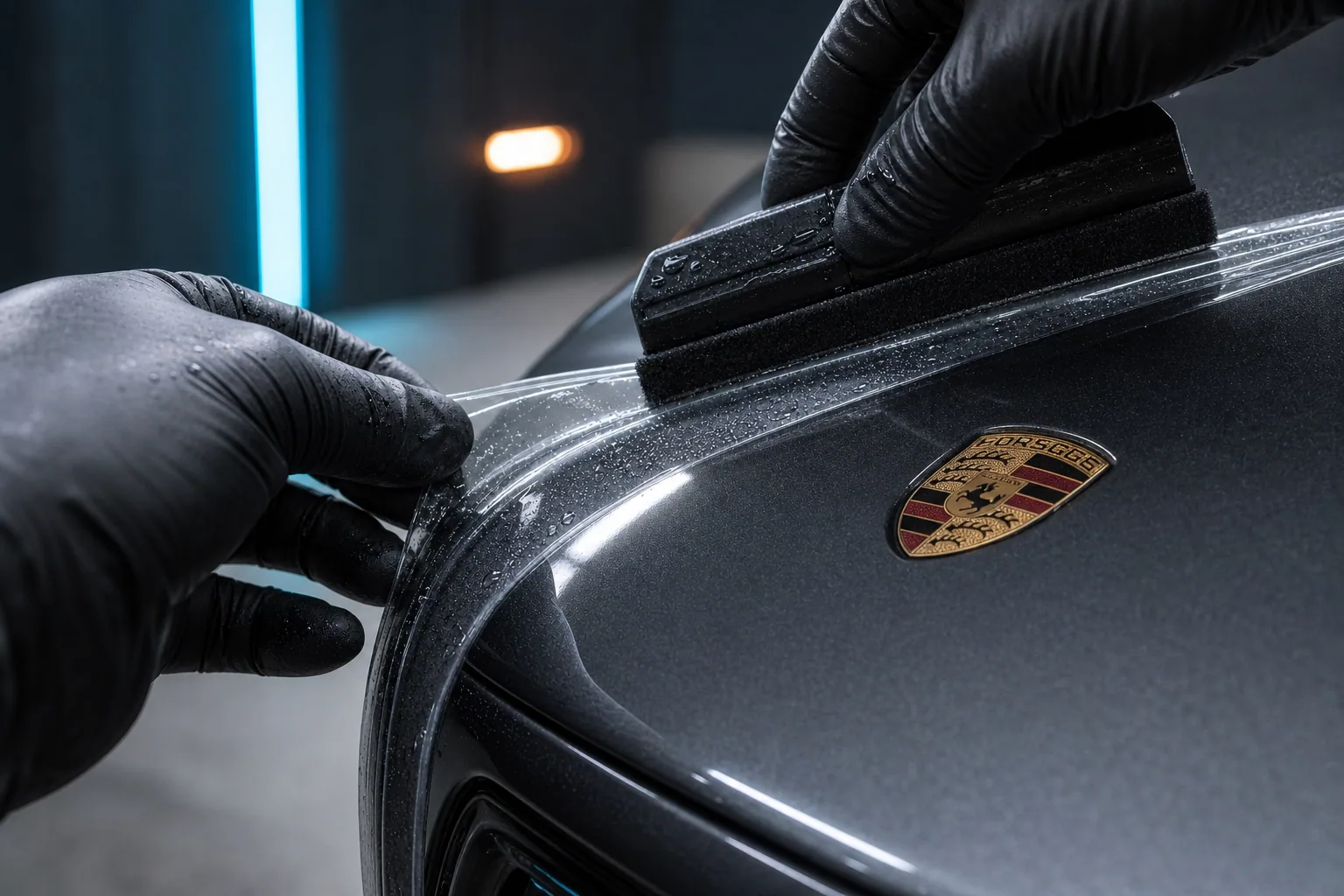 Paint protection film edge being finished beside a Porsche hood crest