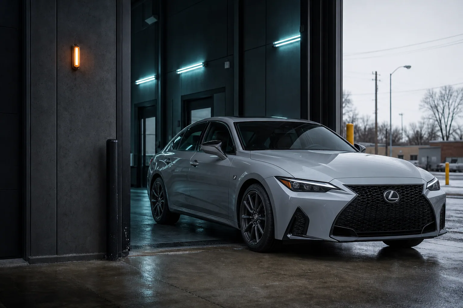 Finished Lexus IS 350 leaving a detailing bay on a wet Metro Detroit day