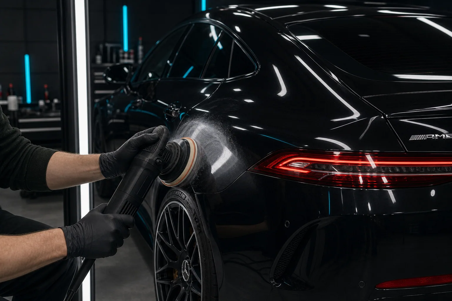 Technician polishing a Mercedes-AMG rear quarter under inspection lights